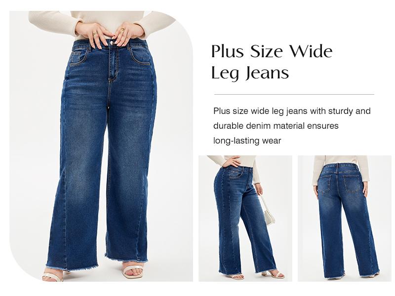 Eytino Women's Plus Size Wide Leg Jeans Elastic High Waist Stretchy Raw Hem Denim Pants with Pockets(1X-5X)