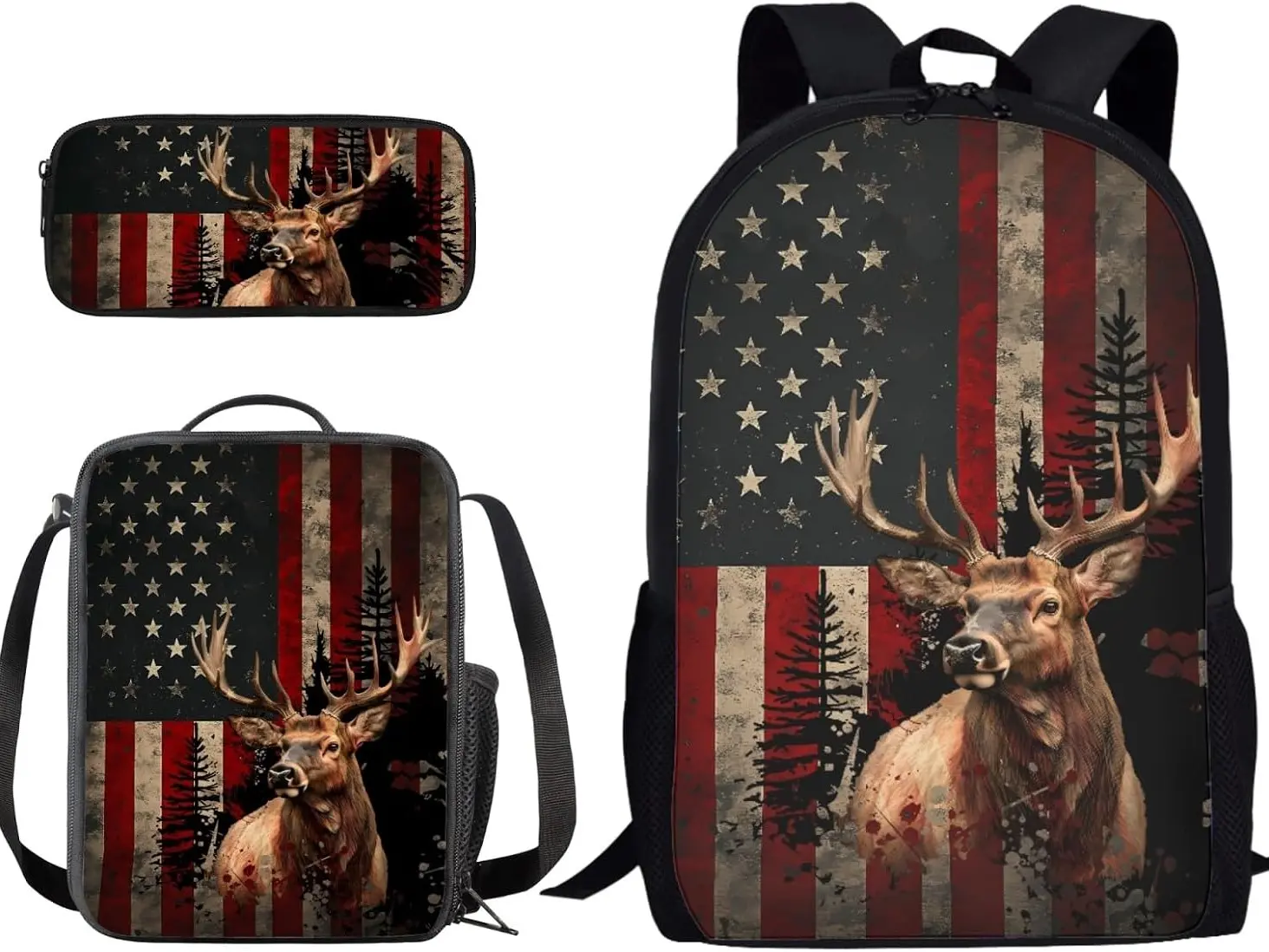 Distressed American Flag Mountain Elk Graphic Teen Adult Backpack Set, Skin-Friendly Waterproof Polyester Retro Forest Deer Full Print 3 Piece Matching Bag Pack, Ergonomic Cushioned Comfort Wear, School Hunting Road Trip Casual Patriotic Student Bookbag