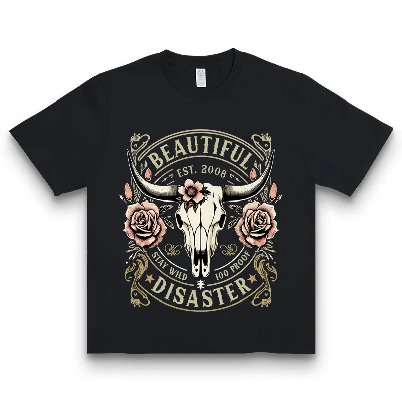 Women's Oversized Round Neck Short-Sleeve Cotton Fabric Tee - "Beautiful Disaster" Western Skull Graphic, Flat Streetwear Edgy Casual Black Top, Gift T-Shirt