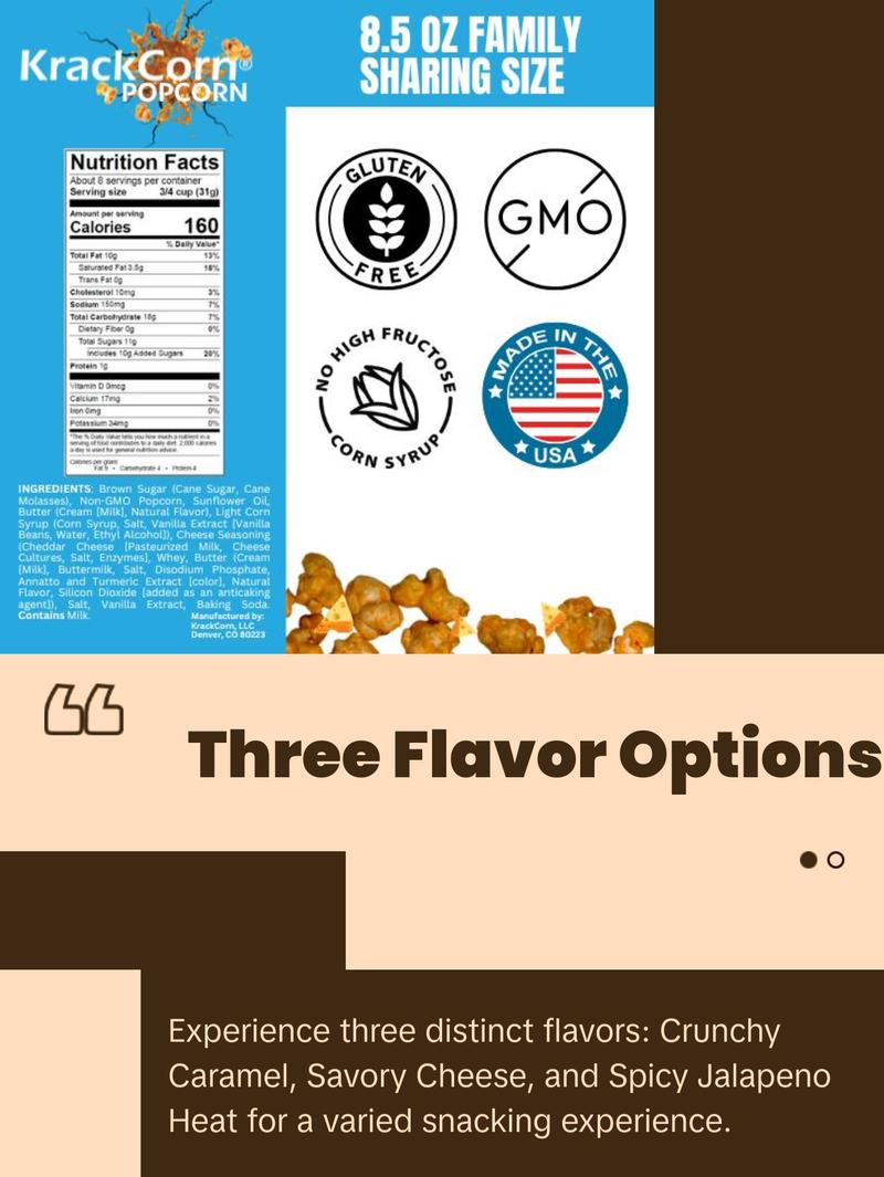 KrackCorn Popcorn Large 5-Bag Variety Pack+FREE Bag! Three Flavors. Crunchy Caramel. Savory Cheese. Spicy Jalapeno Heat. Gluten Free. Non GMO Corn. No High Fructose Corn Syrup.