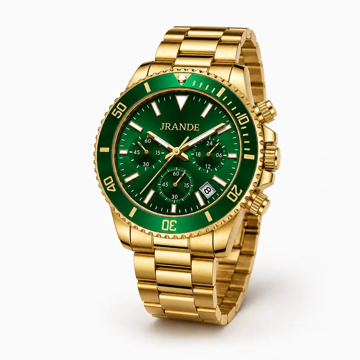 JRANDE Men's Casual Bold Chronograph Watch, 43mm Large Dial Green Face, Gold-Tone Stainless Steel Bracelet, Quartz Watch with Luminescent Hands, Date Window, 30M Water Resistant, Wardrobe silicone band