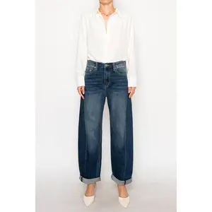 HIGH RISE RELAXED TAPERED DARK WASH BARREL JEANS