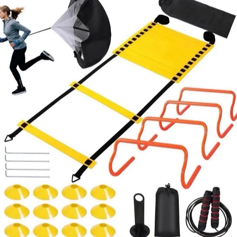 Speed & Agility Training Set for Kids & Adults, a Complete Kit with Adjustable 20ft Ladder, 12 Cones, 4 Hurdles, Parachute & Jump Rope - Portable Equipment for Footwork Speed Drills