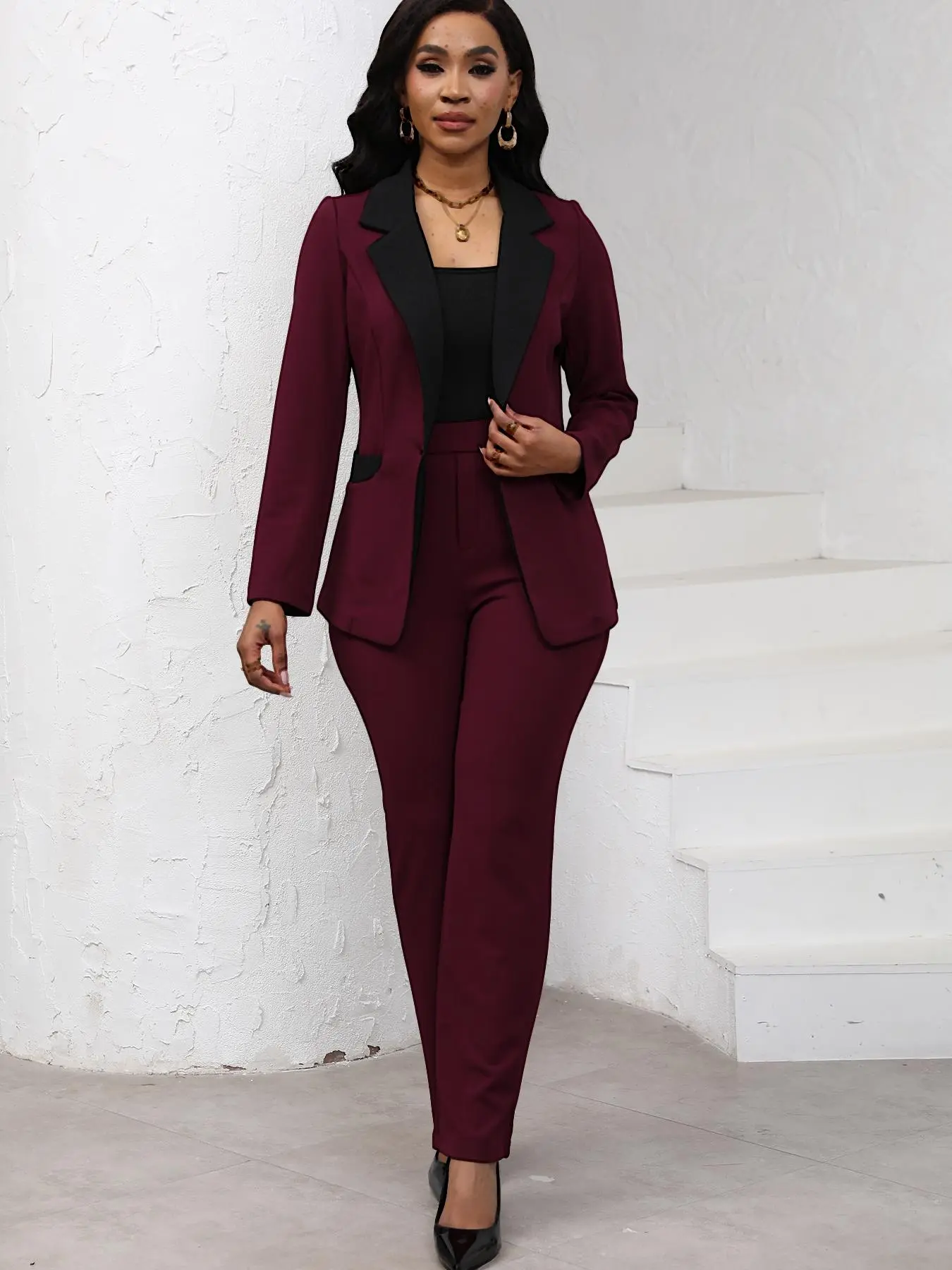 Women's Colorblock Blazer & Straight Leg Pants Set, Elegant Two-piece Set for Work Office Wear Essential Business Attire, Ladies' Suits for All Seasons