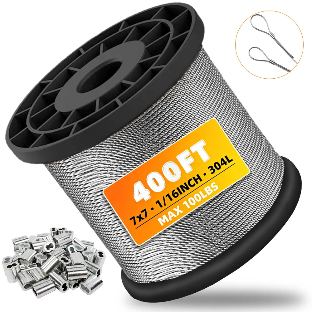 304 Stainless Steel Wire Rope Kit - 400FT/200FT/100FT 1/16" Aircraft Cable 7x7 Vinyl Coated with Crimping Sleeves, 300lbs Breaking Strength | Perfect for String Lights, Garden, Clothesline DIY