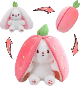 Valentine's Day Gifts Cute Strawberry Bunny Plush Toy Soft Kawaii  – 2-in-1 Zipper Design, Ultra Soft Stuffed Fabric Animal for Hug Pillow Bed Decoration, Easter Gifts for Girlfriend Kids