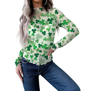 Znacicc Women's St. Patrick's Day Sheer Mesh Top with Green Clover Pattern Romantic Lettuce Edge Trim on High Neck and Sleeves Chic Everyday Look Blouse Floral
