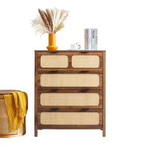 Giratree 4 Drawer Rattan Dresser for Bedroom, Wooden Chest of Drawers with Natural Rattan Front, Storage Cabinet with Metal Handles for Bedroom, Entryway, Living Room, Hallway