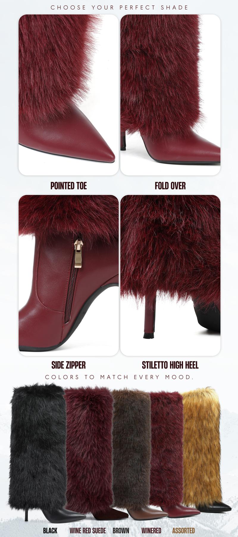 VIMISAOI Womens Fur Boots Knee High Pointed Toe Stiletto High Heel Side Zipper Fold Over Furry Fuzzy Wide Calf Comfortable Fashion Party Dress Fur Winter Boots Valentine Shoes