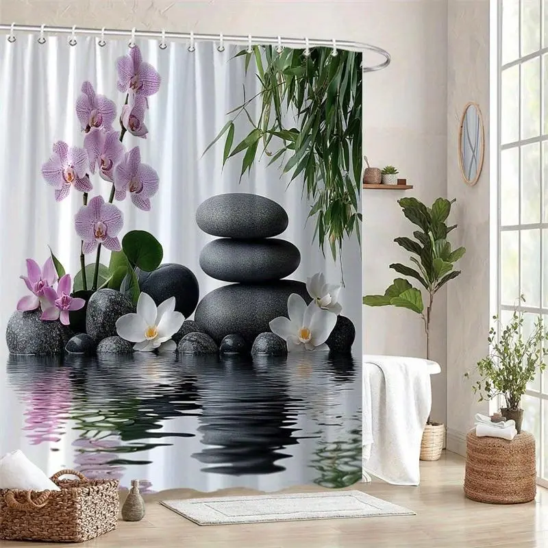 Durable Polyester Straight Zen Shower Curtain with Zen Design - Multicolor Black Stones, Elegant White Orchid, Green Leaves on Bright White Background, Machine Washable Easy Wash Care Modern Bathroom Decor