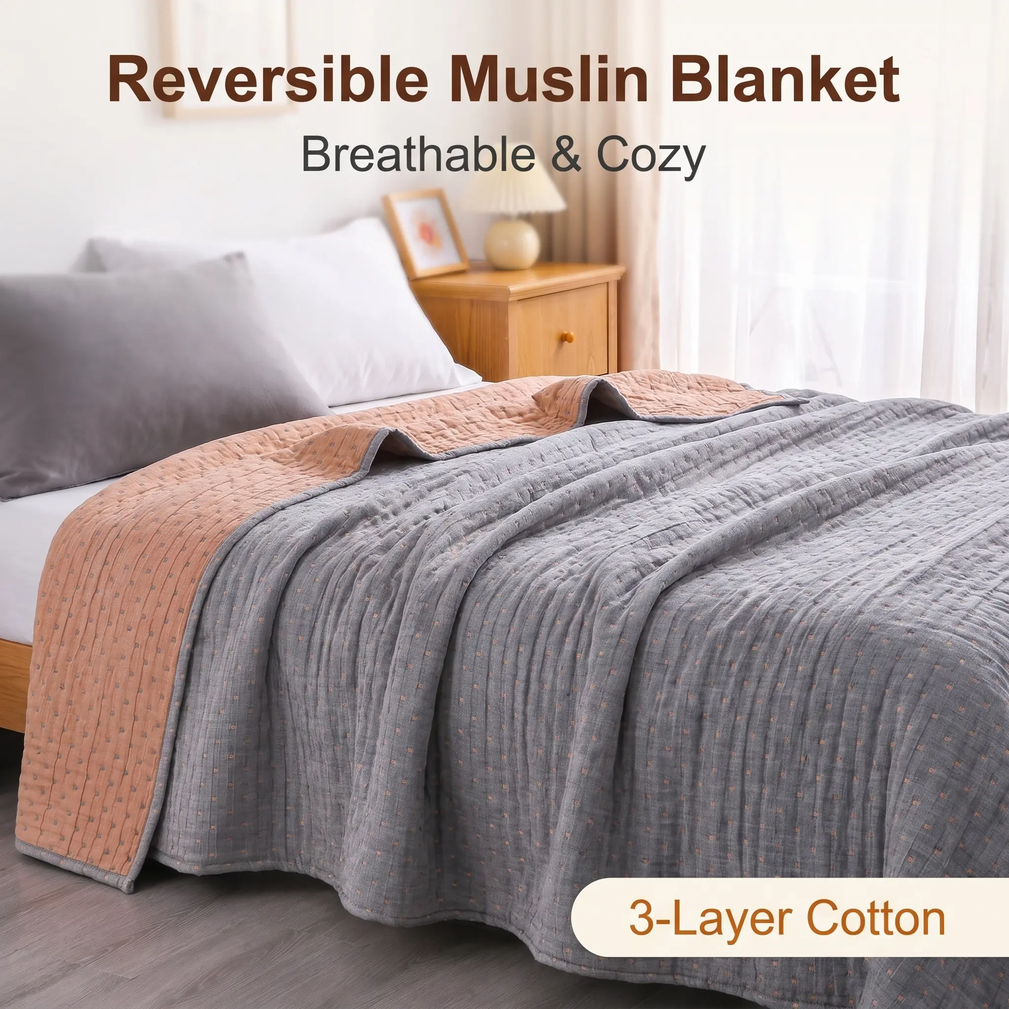 Bedsum 3-Layer Natural Cotton Muslin Jacquard Home Textile Blanket - Ultra Soft, Breathable, Reversible, Lightweight Multifunctional Ripple Throw for Bedroom Decor Ideas, All-Season Warn Comfort, Multifunctional Blanket