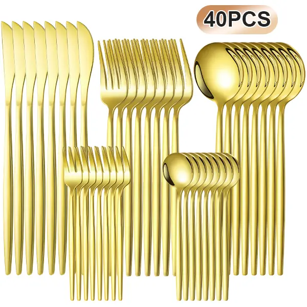 40pcs gold flatware, service for 8 cutlery, minimalist gold utensils, long handle stainless steel silverware, dishwasher safe gold tableware, wedding dinner cutlery, restaurant gold silverware,home essentials