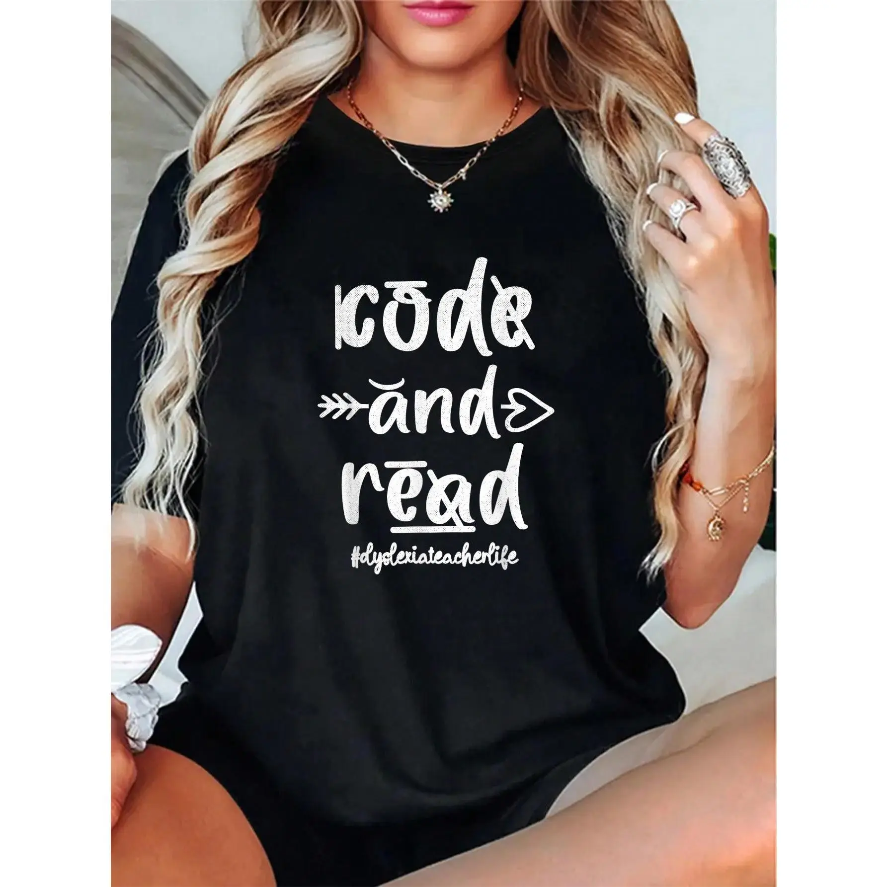 Women's Dyslexia Teacher Graphic T-Shirt - 100% Cotton Short-Sleeve Crew Neck, Casual, Lightweight, Breathable, Relaxed Fit, Cute Digital Print, All Seasons, Therapy Support, Everyday Style, Check Size Chart