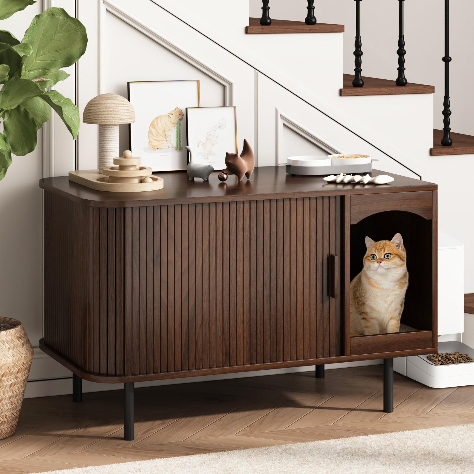 Fluted Hidden Cat Litter Box Enclosure – Modern Wood Furniture with Scratching Pad, Large Indoor Cat House Cabinet Side/End Table for Living Room & Entryway