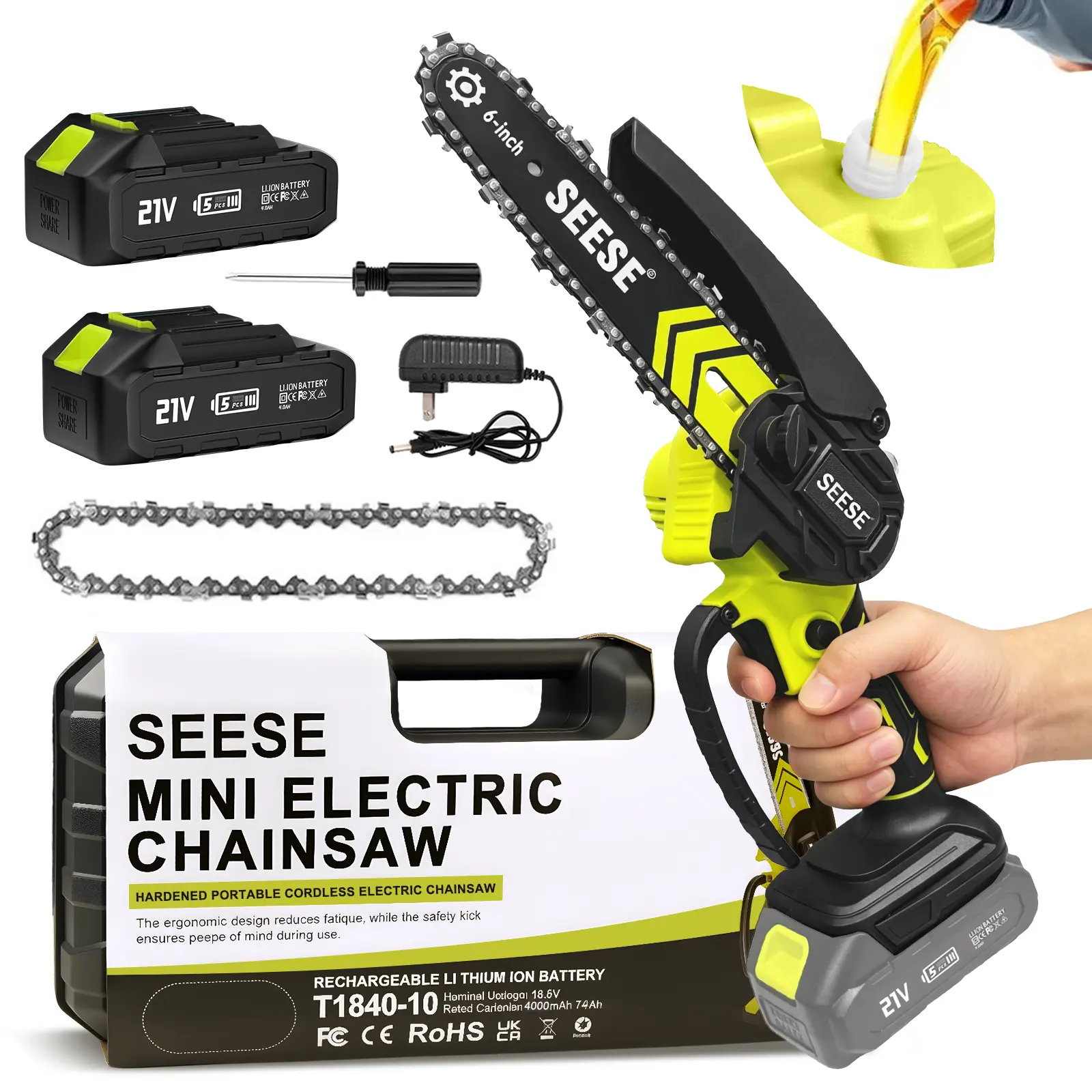SEESE Brushless Mini ChainSaw Oil System- Portable Electric Cordless Saw for Wood Cutting, Batteries (2000mAh) ,Pruning, Gardening, Camping - Suitable for Seniors, Women Holiday gifts