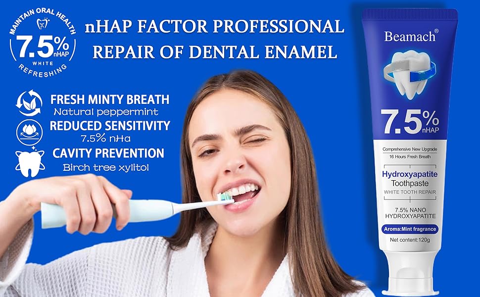Beamach Hydroxyapatite Toothpaste 7.5% for Enamel Repair & Teeth Whitening Refreshing Flavor Fluoride-Free 4.23oz Gentle Formula for Sensitive Teeth Care