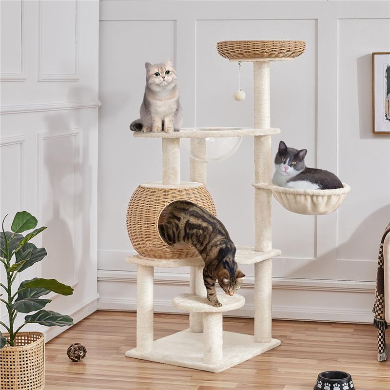 Costoffs 54" Tall Rattan Cat Tree with Sisal Scratching Posts, Cozy Nest & Soft Cushion – Luxury Cat Condo with Hanging Ball, Basket, and Bowl for Small to Medium Indoor Cats