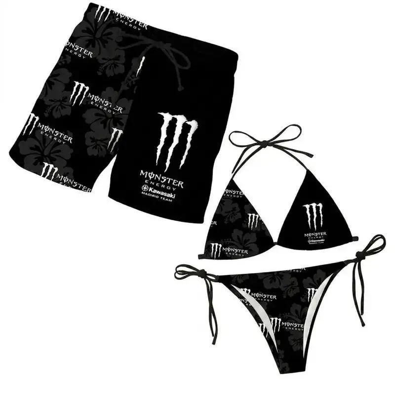 Black Monster Energy Inspired Swimwear  - Women's Floral Bikini, Men's Beach Shorts, Tropical Hawaiian Summer Vacation Pool Party Outfit