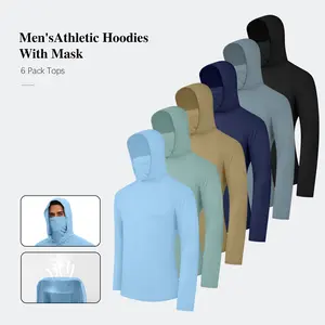 6 PACK Mens Fishing Hoodie UV Sun Protection Shirts UPF Rash Guard Long Sleeve Shirts Hiking Performance Mesh Face Mask Top