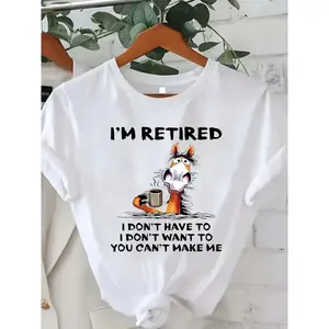 Plus Size Women's Casual T-Shirt with Humorous "I'm Retired" Cat Print - Short Sleeve, Round Neck, Polyester Blend, Machine Washable - Perfect for Everyday Fashion