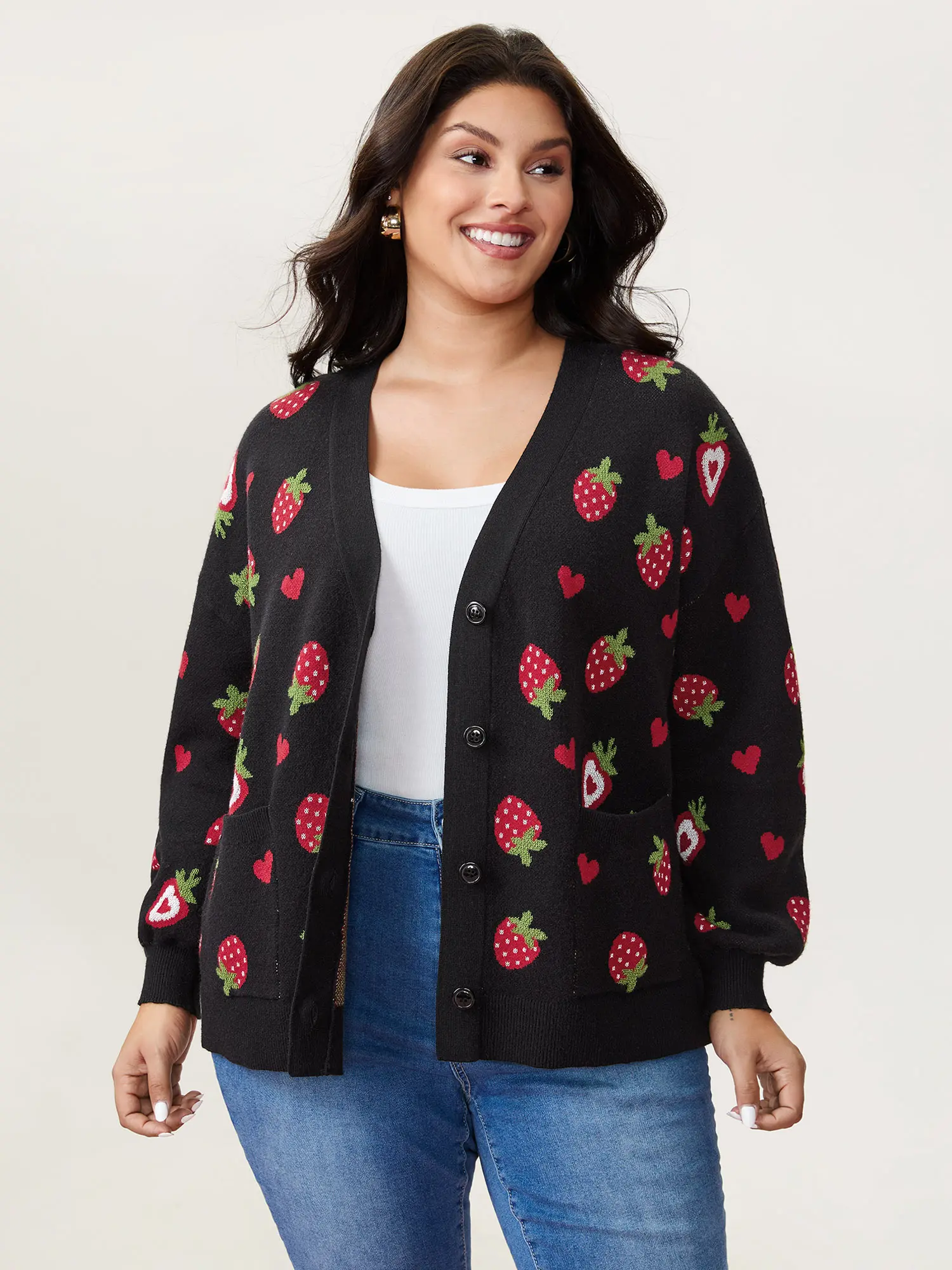 Women's Cardigan Sweater with a Playful Strawberry Jacquard Print, V-Neck Oversized Knitwear with Long Drop Shoulder Sleeves, Longsleeves, Knitting
