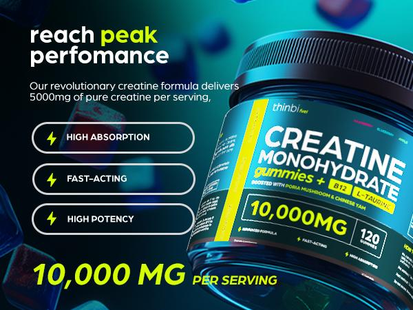 Thinbi Creatine Monohydrate Gummies 10000mg with L-Taurine & Vitamin B12 120 Sugar-Free Gummies for Muscle Strength & Energy Boost