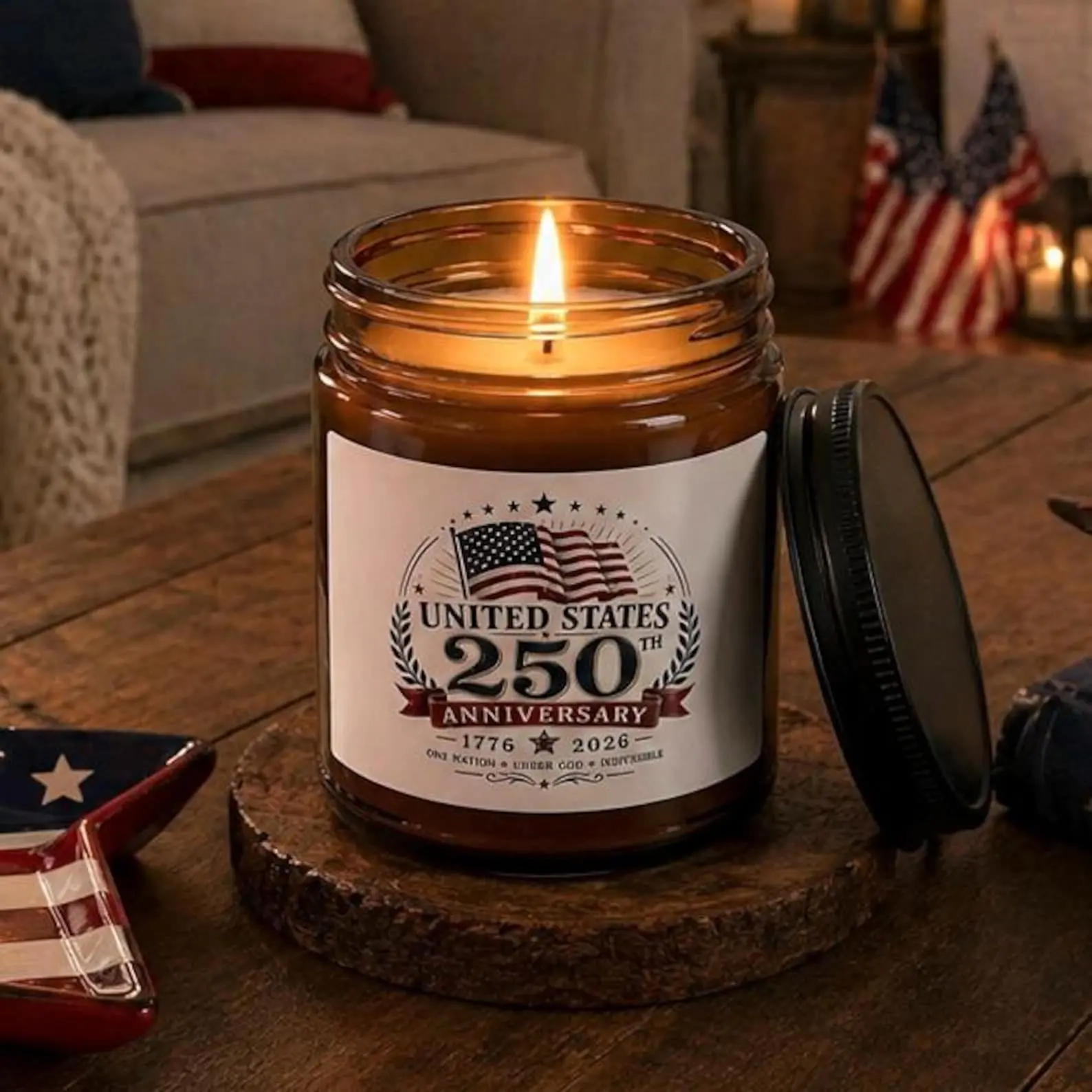 250th Anniversary Soy Candle, 1776-2026 Patriotic USA Gift, America 250 Semiquincentennial Home Decor, 4th of July Amber Jar Candle