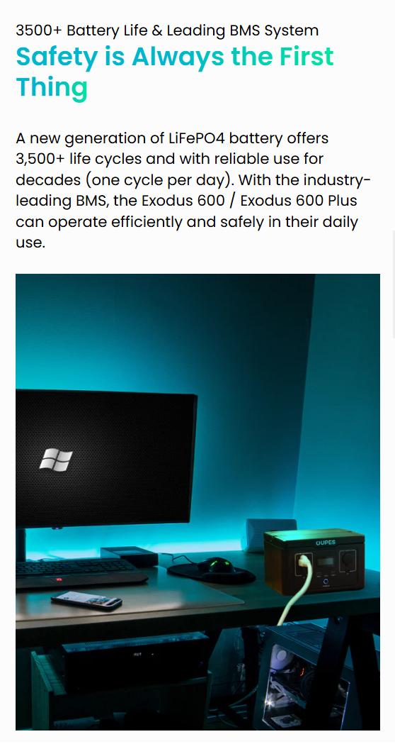 OUPES Exodus 600W, 256Wh Portable Power Station(1200w Surge), LiFePO4 Solar Generator Battery, 8.16lbs, 0-100% in 1 hour, for RV, Outdoors, Camping, Home Backup