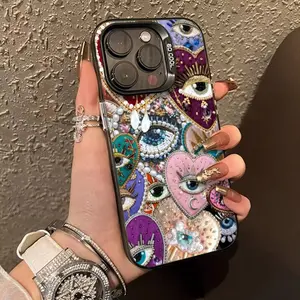 Phone Case - One Colorful Bohemian Phone Case Featuring Eye And Heart Designs, Compatible with for Apple Iphone 17 16 15 14 13 12 11 PRO MAX PLUS,AIR and iPhone XR XS MAX 7 8Plus 16E SE. This Case Is Shockproof And Has a Vintage Funky Cute Style.
