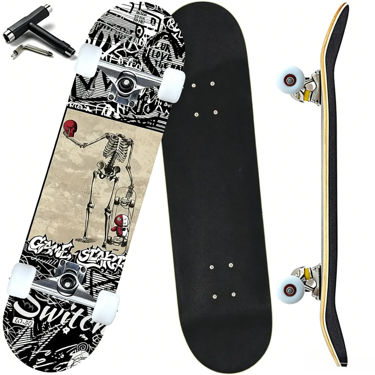 Classic Unisex Standard Size Skateboard, 31"x8" 7-Layer Canadian Maple Skateboard Deck, Double Kick Concave, Beginner-Friendly for Youths & Adults, Checkerboard