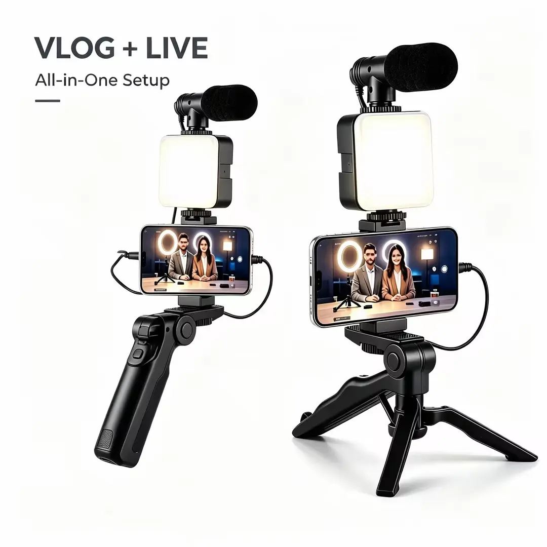 Lightweight Compact Portable Tripod Kit Pack for Mobile Phones, Cellphone Accessories with Bluetooth Remote Ctrl, LED Light, Microphone - for Live Streaming, Outdoor Recording, Tripod Remote, Vlogging Equipment