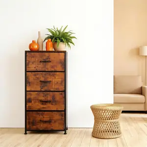 4-Drawer Fabric Storage Dresser Tower | Rustic Brown Wood Top Organizer for Bedroom Closet Entryway | Foldable Drawers & Easy Pull Handles | Steel Frame Space-Saving Unit