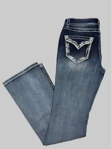 Grace in LA Easy Fit Women's Feather & Stud Embellished Faux Flap Pocket Bootcut Jeans EB52026