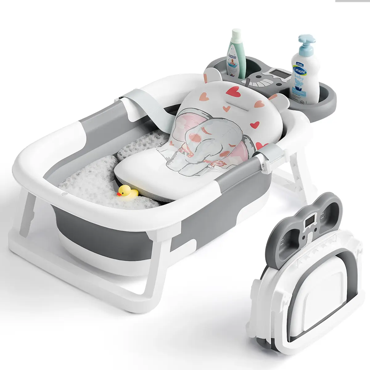 Collapsible Baby Bathtub with Real-time Temp Monitor + Floating Cushion, Foldable Baby Bath Tub Set - Perfect Portable Travel Baby Tub Cute Care, #SummerVibes