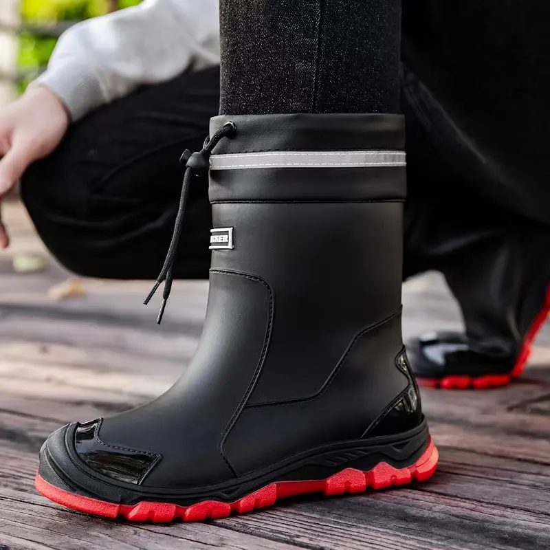 Women's Mid-Calf Waterproof Rain Boots - Unisex Footwear with Adjustable Drawstring, Reflective Top Seal, Heavy-Duty Non-Slip Rubber Sole, Closed Design for Outdoor Work & Daily Walking Shoes, Shoe