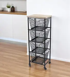 HomeRoots 488862 41 in. Black & Natural Metal & Wood Basket Storage Rolling Cabinet