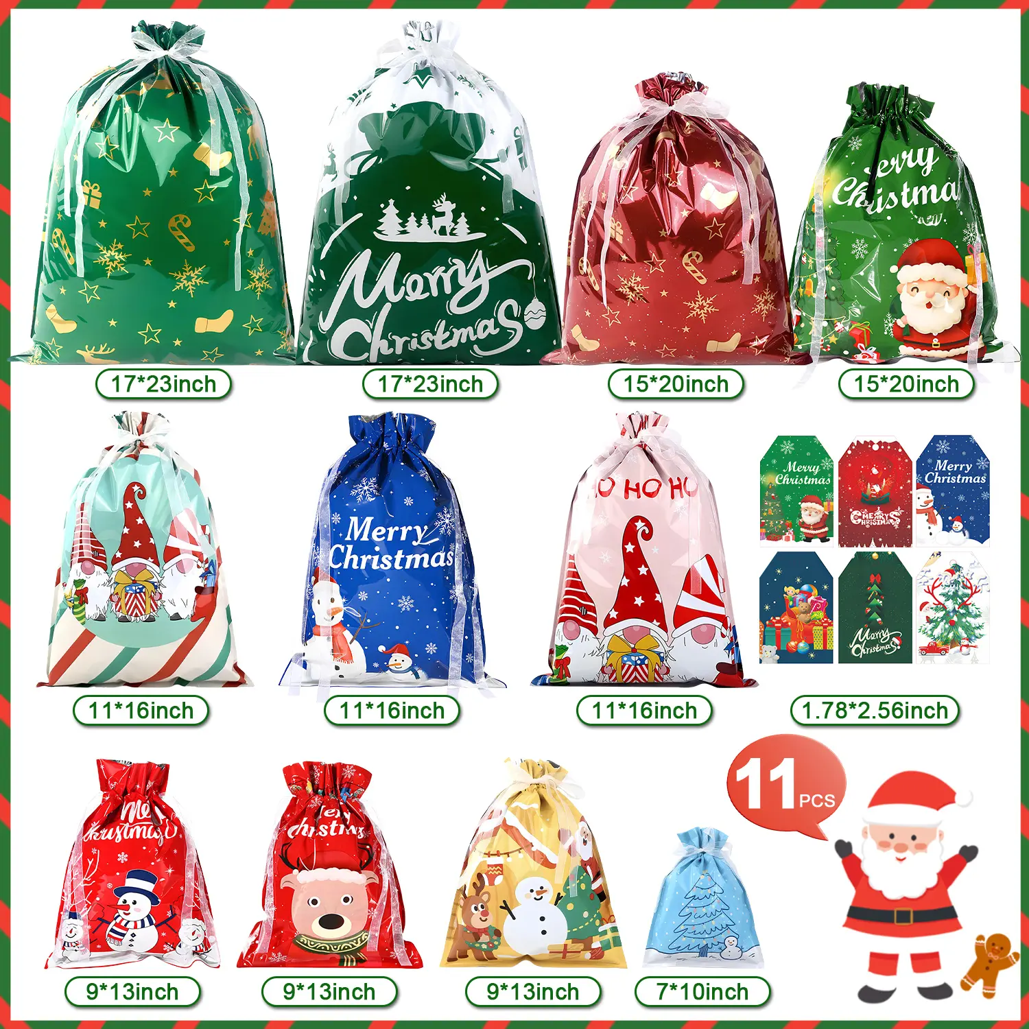 11 pcs Gift Bag & Tags Set Christmas Gift Bags with Tags & Ribbon Ties for Xmas Holiday Present Wrapping & Festival Party