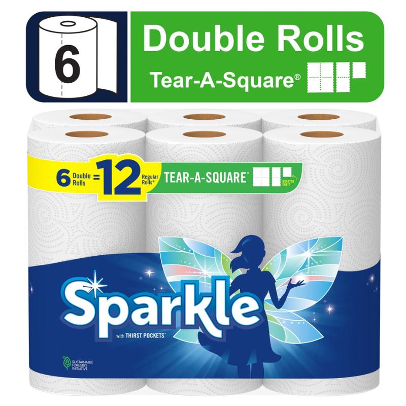 Tear-a-Square Paper Towels - 6 Double Rolls, 110 Sheets per Roll, 2-Ply, Multi-Purpose, Unscented, Toilets, Wipes, Cleaning Solutions