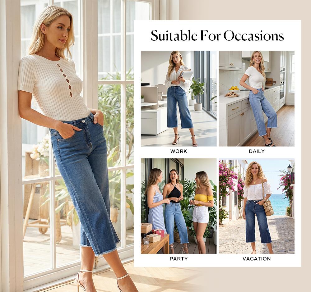 Sidefeel Women's Capri Jeans High Waisted Wide Leg Stretchy Raw Hem Side Seam Zimbaplatinum Denim Pants Sidefeel Women's Capri Jeans High Waisted Wide Leg Stretchy Raw Hem Side Seam Zimbaplatinum Denim Pants