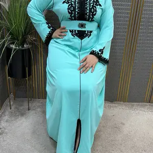 Morocco Kaftan - Long Sleeve Maxi Dress with Black Embroidery and Teal Color