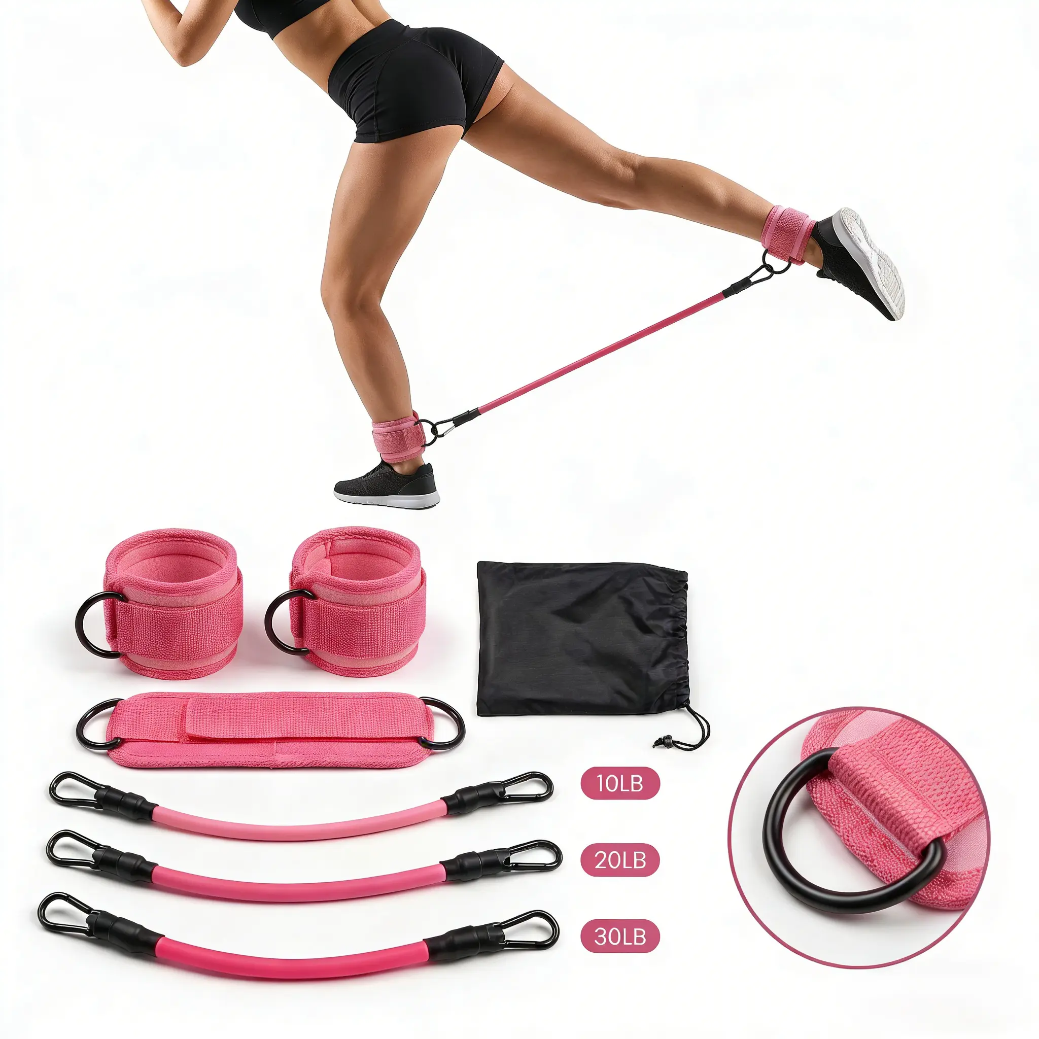 Resistance Band Set - 3 Adjustable Bands, Upgraded Ankle Straps, Storage Bag for Home Fitness Lower Body Workouts