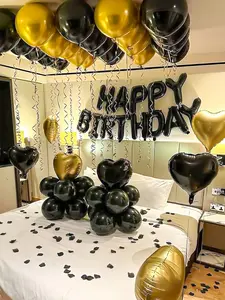 16" Black Happy Birthday Letter Foil Balloon Set – Black & Gold Latex Balloons, Heart Foil Balloons, Elegant Birthday Party Decorations