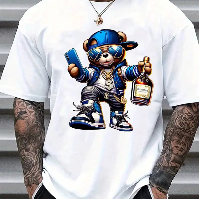 Men's Graphic T-Shirt with Funny Cartoon Bear Print, Trendy Streetwear Cotton Top, Casual Loose Fit Short Sleeve for Summer, Men's Graphic Tees, Trendy T-Shirts, Men's Gifts Funny Graphic Casual Cotton Shortsleeve Tees