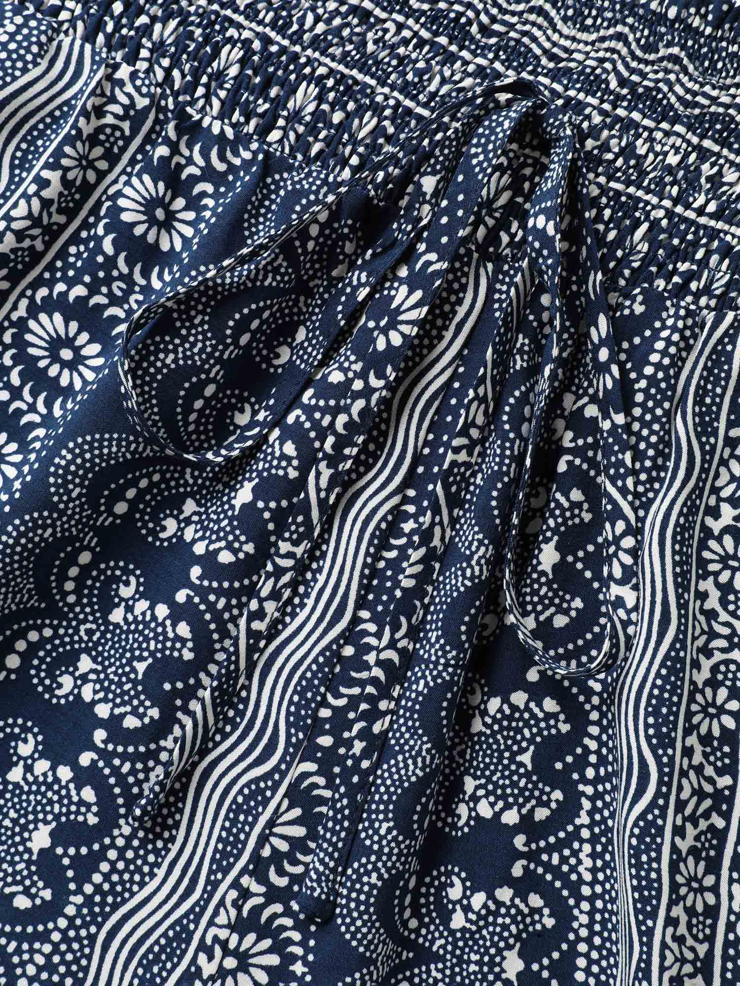 【Wide Leg】Bloomchic Boho Print Shirred Waist Wide-Leg Pants - Loose-Fitting Summer Resort Vacation Trousers Slanted Pockets Baggy Womenswear Black Oversize Casual High Rise Casual Comfy