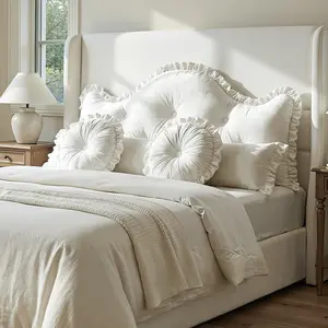 Decorative Pillows for Bed 4 Set Include Headboard Body & Round Tufted Bed Backrest Pillow Set, Ruffled Edge Dutch Velvet Reading Pillow for Bed, 4-Piece Decorative Cushion Set