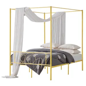 【Summervibes】VEVOR Full Size Canopy Bed Frame, Metal Canopy Bed with Minimalist Headboard & Four Posters Design, Heavy Duty Steel Slats Support, Underbed Storage Space, No Box Spring Needed, Easy Assembly, Gold