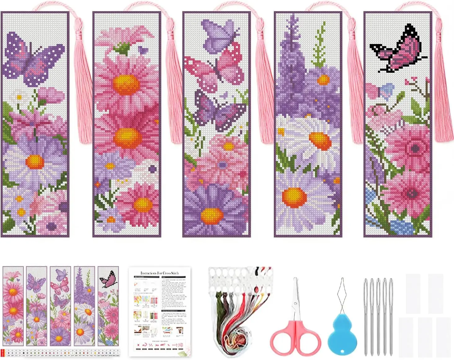 5 Pack Cross Stitch Kits for Beginners,Daisy Stamped Cross Stitch Kits Bookmarks for Women,Butterfly 12ct Cross Stitch Embroidery Kit for Beginners Crafts for Adults