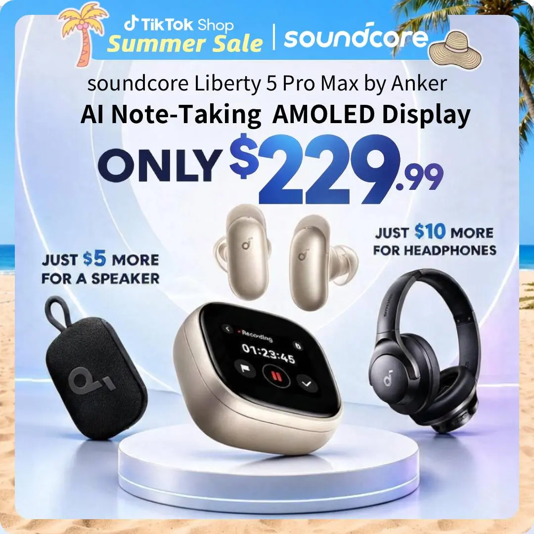 soundcore Anker Liberty 5 Pro Max Wireless Earbuds, Exclusive Limited: Add $5/$10 for Extra Premium Gift, AI Note-Taker for In-Person Meetings, Whisper-Clear Calls, Active Noise Cancelling, 1.78" AMOLED Smart5 Mins Charge = 4 Hrs Playtime
