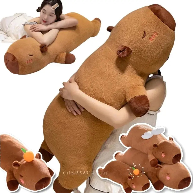 60cm-100cm Kawaii Look Soft Plush Cotton Fabric Giant Striped Capybara Stuffed Animal Doll Pillow, Lying Brown Orange Wings, Stuffed Toy Home Decor Plushies, Stuffed Animals, Unisex