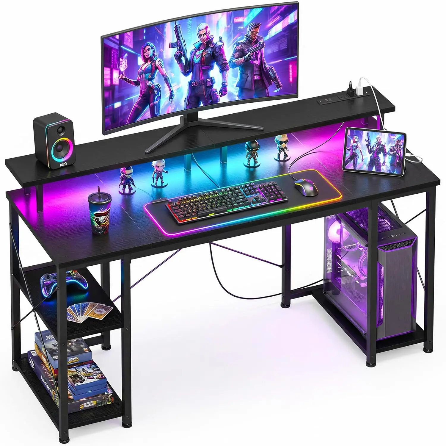 Gaming Desk With Full Monitor Stand And Built In LED Lights, USB Charging Port And Reversible PC Shelf With Headphone Hook, X Bar Reinforced Metal Frame For Stability, Multi Size Writing Desk For Small Spaces And Game Room